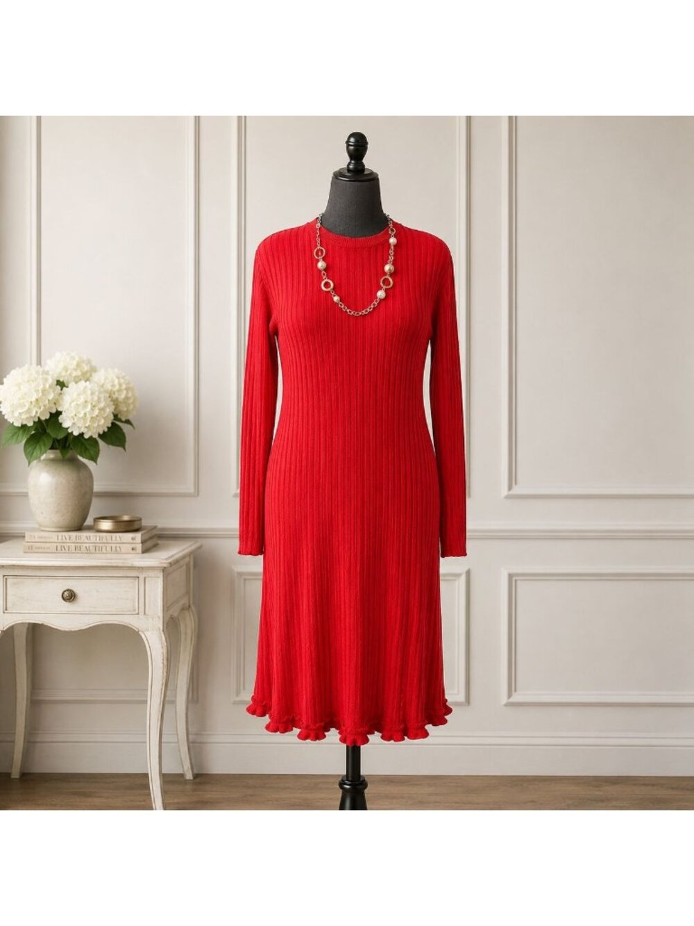 Coldwater Creek Sweater Dress Women's Medium Long Sleeve Midi Red Ribbed Knit